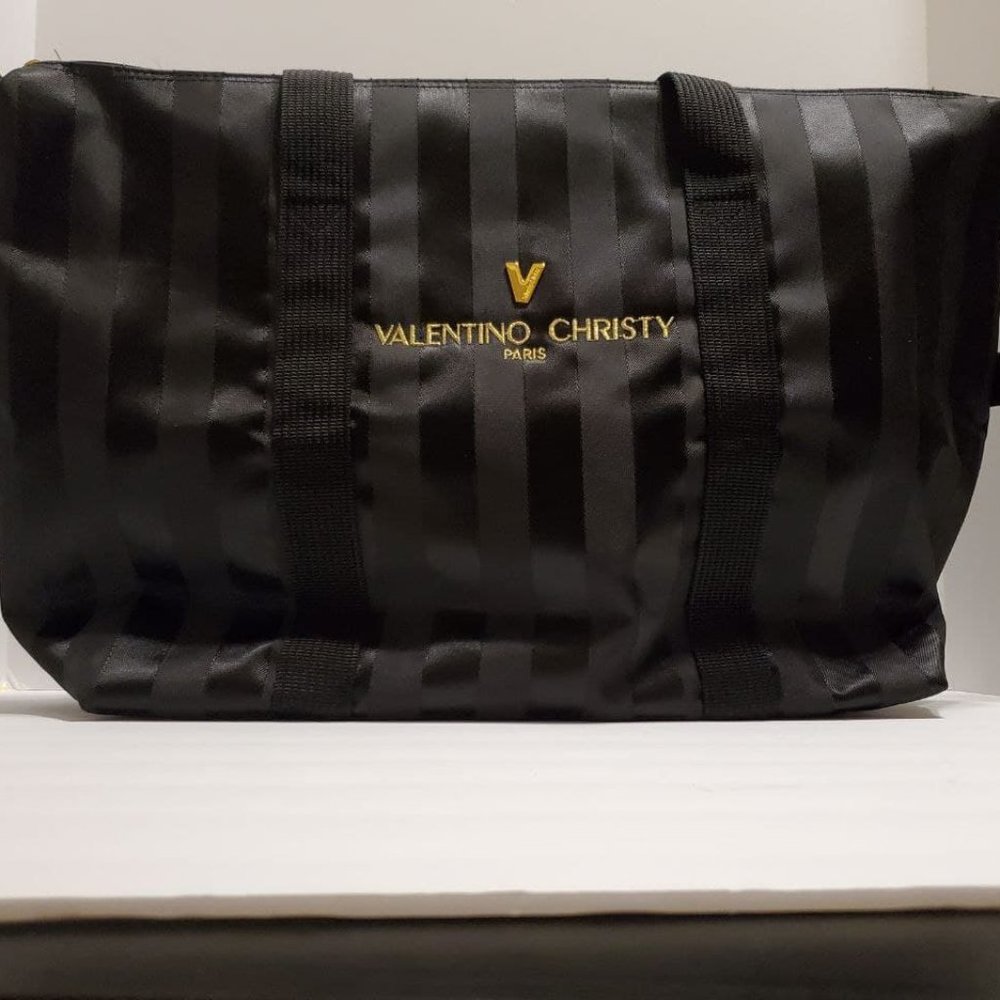 VALENTINO CHRISTY LARGE  BLACK STRIPE NYLON TOTE